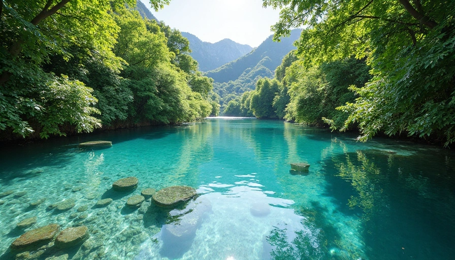 Serene natural landscape with clear water and lush greenery, symbolizing purity and wellness.